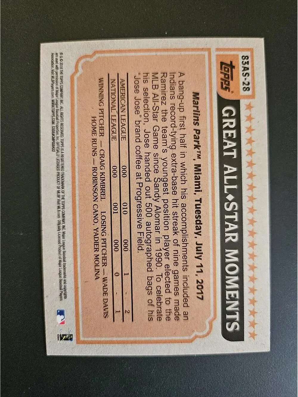 2018 Topps Update Series-1983 All-Star Design- Jose Ramirez #83AS-28 RAW Mint - Picture 2 of 2